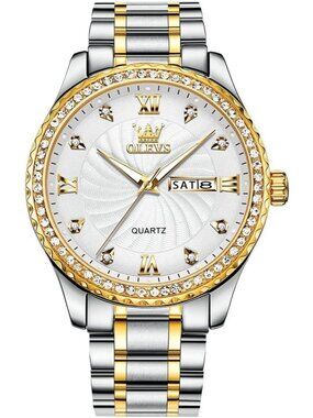 Mens Silver Stainless Steel Analog Quartz Classic Waterproof White Diamond Watch